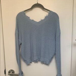 Frayed Hem Blue Sweater